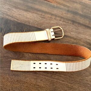 Linea Pelle Genuine leather studded belt, brass buckle accents, Size L, white